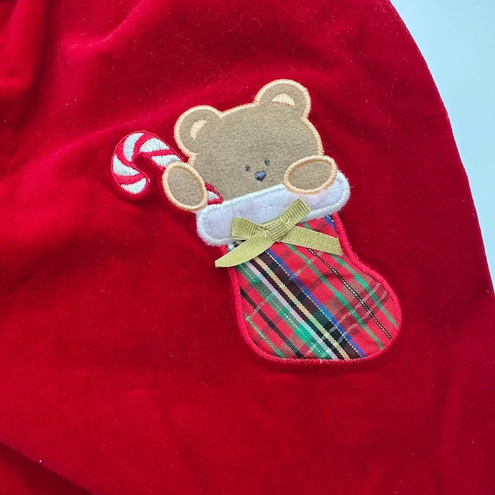 B.T. Kids Red Velvet Velour Christmas Romper Plaid Trim Teddy Bear 3-6 Month VTG